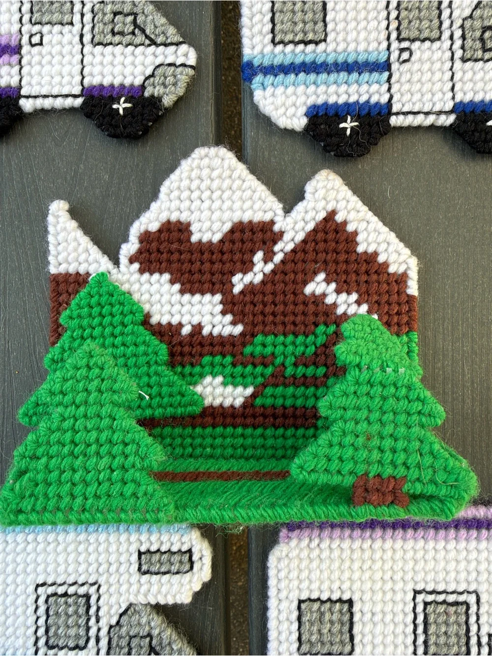 Cross-Stitch Camper & Mountain Coaster Set - Green, Blue, Purple